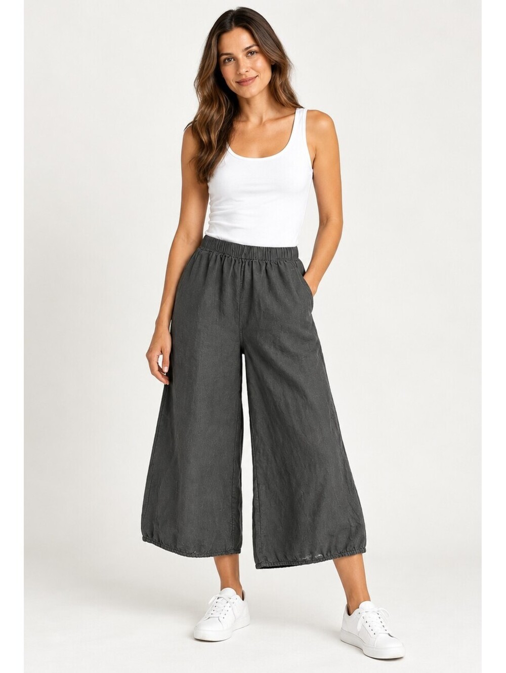 Terzo Millennio Womens M Charcoal Linen Blend Wide Leg Crop Culotte Pants